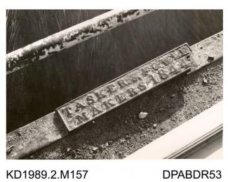 Photograph, black and white, showing a nameplate, Tasker and Fowle on Enford Bridge, Enford, Hampshire, built by Tasker and Co, Waterloo Foundry, Anna Valley, Abbotts Ann, Hampshire, taken 1960