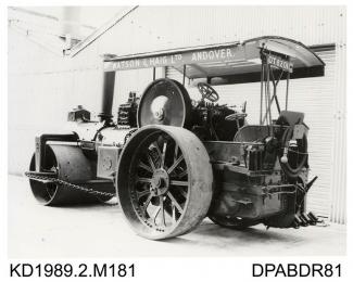 Photograph, black and white, showing a steam roller for Watson and Haig, built by Tasker and Co, Waterloo Foundry, Anna Valley, Abbotts Ann, Hampshire