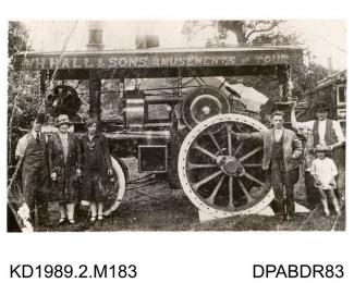 Photograph, black and white, showing a fairground engine for W A Hall and Son, built by Tasker and Co, Waterloo Foundry, Anna Valley, Abbotts Ann, Hampshire