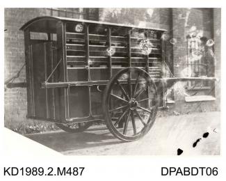 Photograph, black and white, showing a horse drawn wagon, for LtCol A C Nicholson, built by Tasker and Co, Waterloo Foundry, Anna Valley, Abbotts Ann, Hampshire