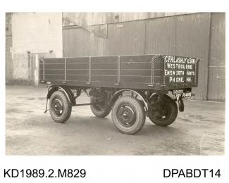 Photograph, black and white, showing a box trailer, for C F H Lashly and Son, Westbourne, Emsworth, Hampshire, built by Tasker and Co, Waterloo Foundry, Anna Valley, Abbotts Ann, Hampshire