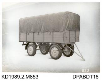 Photograph, black and white, showing a box trailer with canvas cover, built by Tasker and Co, Waterloo Foundry, Anna Valley, Abbotts Ann, Hampshire