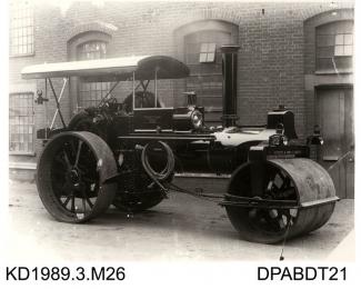 Photograph, black and white, showing a steam roller, for Francis Thorn, Langley, Buckinghamshire, built by Tasker and Co, Waterloo Foundry, Anna Valley, Abbotts Ann, Hampshire