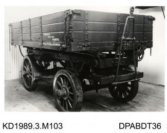 Photograph, black and white, showing a 4 wheeled trailer, for W Whitley, built by Tasker and Co, Waterloo Foundry, Anna Valley, Abbotts Ann, Hampshire