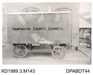 Photograph, black and white, showing a van for Hampshire County Council, built by Tasker and Co, Waterloo Foundry, Anna Valley, Abbotts Ann, Hampshire