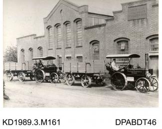 Photograph, black and white, showing two steam engines, Little Giant, with box trailers, for Tracksons Transport, Tasker and Co, Waterloo Foundry, Anna Valley, Abbotts Ann, Hampshire