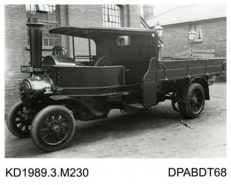 Photograph, black and white, showing a steam wagon, 3 ton, built by Tasker and Co, Waterloo Foundry, Anna Valley, Abbotts Ann, Hampshire