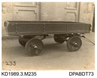 Photograph, sepia, showing a 3 ton, four wheel trailer used by Ferrand, built by Tasker, Waterloo Iron Works, Anna Valley, Abbotts Ann, Hampshire