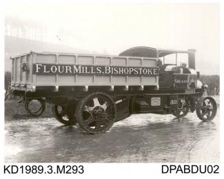 Photograph, black and white, showing a steam wagon for Shears and Sons, millers, Bishopstoke, Eastleigh, Hampshire, built by Tasker and Co, Waterloo Foundry, Anna Valley, Abbotts Ann, Hampshire