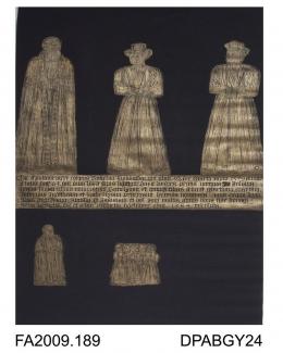 Brass rubbing, in gold heel-ball, on black paper, William Boddindam, d.1579 aged 63, in civilian dress with wives, Julian and Anne, five daughters and one son, inscription, 1584, church at Biddenden, Kent, by Herbert Druitt, 1876-1943