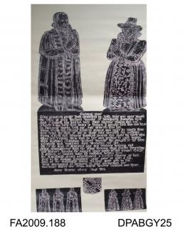 Brass rubbing, in black heel-ball, cut out and laid on to white paper, Richard Brooke and wife, Elizabeth, also 3 sons, 3 daughters, 3 shields and inscription, 1603, All Hallows Church, Whitchurch, Hampshire, by Herbert Druitt, 1876-1943