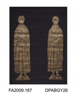 Brass rubbing, in gold heel-ball on black paper, two unknown civilians, one bearded, one clean-shaven, inscription lost, c1380, St Peter & St Paul's Church, King's Sombourne, Hampshire, by Herbert Druitt, 1876-1943'Worn round the neck, perhaps attached