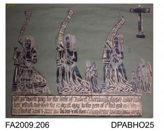 Brass rubbing, in black heel-ball, cut outs on green paper, Robert Thornburgh in armour, 1522, kneeling, with wives Alys and Anne and total of 9 children, cross showing 5 wounds, 3 lines of Latin inscription, St Peter & St Paul's Church, Kimpton, Hampsh