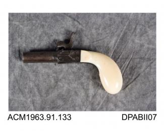 Snuff box, pewter, in the shape of a double barrel flintlock pistol
