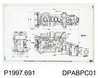 Photograph, black and white, showing an engineering drawing of the outline arrangement of T1100 with internal fresh water cooling and B type gear, built by Thornycroft, Worting Road, Basingstoke, Hampshire