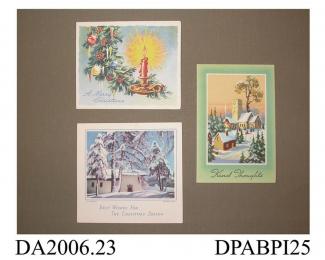 Christmas card, three examples, 1930s