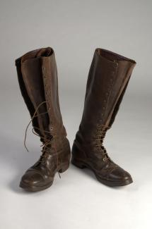 Boots, pair, men, trench boots, brown leather with full bellows tongue, designed to prevent water entering through the lace eyelet holes, for use in the trenches, c1916