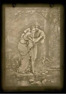 Lithophane Young couple in medieval dress crossing a stream