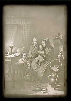 Shows a cottage interior with three children 