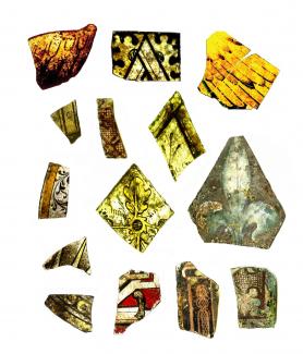 Collection of coloured window glass from context 6001, Evans Halshaw site, Hyde Street, Winchester (WINCM:AY 35). 