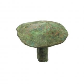 Large copper alloy stud, decorative structural fitting from context 6010, Evans Halshaw site, Hyde Street, Winchester (WINCM:AY 35). Possibly Roman?