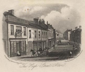 Print, engraving, High Street, Alton, Hampshire, engraved by Newman and Co, 48 Watling Street, London, published by R King, stationer, Southampton, Hampshire, mid 19th century?
The nearest shop on the left is a King's 'PRINTING OFFICE' dealing in books,