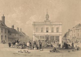 Print, lithograph, town hall and Market Place, Basingstoke, drawn by O B Carter, architect, Winchester, lithographed by G Hawkins, printed by Day and Haghe, London, published by Robert Cottle, bookseller, Basingstoke, Hampshire, 1841.