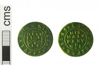 Token, copper alloy, issued by William Butler, at Winchester, Hampshire, 1669.