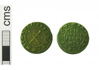 Token, copper alloy, issued by Michael Fitchat, at Winchester, Hampshire, 1667.