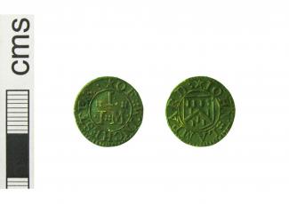 Token, copper alloy, issued by John Lampard, at Winchester, Hampshire, 1600 to 1699.