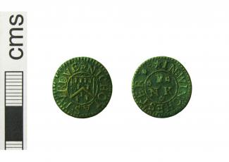 Token, copper alloy, issued by Nicholas Purdue, at Winchester, Hampshire, 1665.