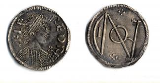 Coin, Anglo-Saxon, silver, found at Otterbourne, Hampshire, issued by Alfred, at London, 871 to 899.