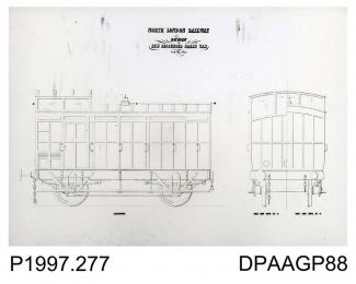 Photograph, black and white, showing a Thornycroft engineering drawing, of a four wheel guards brake van, for North London Railway, Worting Road, Basingstoke, Hampshire