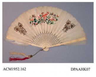 Fan, white goose feathers finely painted with brightly coloured butterflies and flowers in Chinese style, pierced and carved ivory or bone sticks and guards, gilt loop with green silk cord, two silk tassels, approximate radius 255mm, c1840-60