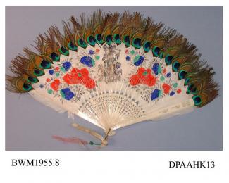 Fan, white goose feather painted in Chinese style with bright red and blue flowers, outer border of peacock feather, pierced ivory sticks and guards, brass loop, silk cord and tassel, approximate radius 310mm, mid nineteenth century
