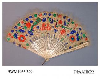 Fan, white goose feather leaf painted with flowers in the Chinese style in red, blue and green, outer border of white marabou, pierced and fretted ivory sticks and guards, approximate radius 270mm, c1840-1860