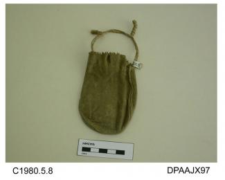 Purse, small, chamois, cream cord drawstring, opening has dentate edge, approximate length 105mm, c1900-1950
