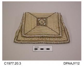 Bag, evening, clutch or envelope style with integral frame opening, cream fabric beaded in white, pearlised mushroom, and cut pastes, mirror and small pocket under front flap, approximate width at base 195mm, approximate depth 120mm, c1920-1930s