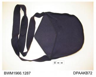 Shoulder bag, navy felt, zip closure, shoulder strap, lined fawn fabric, small internal pocket, approximate width 285mm, approximate depth 300mm, c1940s