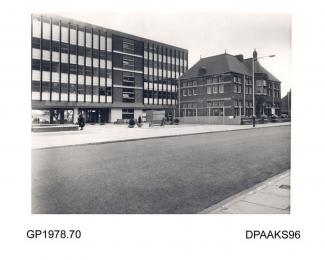 Photograph, black and white, showing the old and new Town Hall, Gosport, Hampshire, 1960 - 69, c 1965