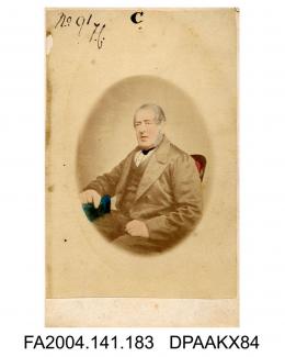 Hand tinted photograph, vignette, Mr George Orton senior of Wapping, butcher and provision merchant, seated, taken by E Gottheil of Londonvol 1, page 25