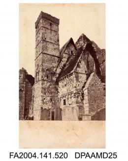 Photograph, the Rock and Ruins of Cashel, Co Tipperary, Ireland, with newspaper cutting stuck to the back describing the ruins.vol 1, page 62 - Views connected with the Trials.