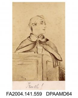Photograph of a painting, ink and watercolour, Mr Francis Joseph Baigent, sketched under cross examination during Tichborne v Lushington, probably by Agnes Costeker, photograph taken by The London Stereoscopic and Photographic Companyvol 1, page 67