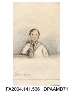 Sketch, pencil, ink and watercolour, Mr John Moore, head propped on elbow, probably sketched in court Tichborne v Lushington, probably by Agnes Costeker, c1871-1872vol 1, page 67