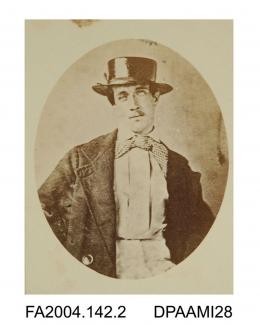 Photograph, oval, copy of a daguerrotype, Sir Roger Charles Doughty Tichborne shown seated and wearing a lacquered straw sailor's hat, taken by Thomas Helsby in Santiago, January - February 1854.0
vol 2, page 3