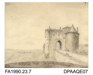 Index number 6: the old gateway entrance to Dover Castle, drawn by Captain Durrant, May 1809
album of watercolours/drawings of Kent, Hampshire, Sussex, Isle of Wight, Wiltshire, Essex, Suffolk and Devon, contained within paper boards edged with morocco,
