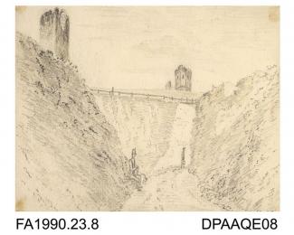 Index number 7: Defile to the Hanging Bridge by fortifications to Dover Castle, drawn by Captain Durrant, July 1808
album of watercolours/drawings of Kent, Hampshire, Sussex, Isle of Wight, Wiltshire, Essex, Suffolk and Devon, contained within paper boa