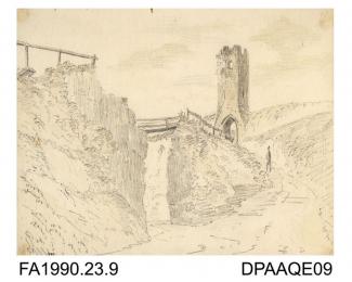 Index number 8: the Hanging Bridge by fortifications to Dover Castle, drawn by Captain Durrant, 1808
album of watercolours/drawings of Kent, Hampshire, Sussex, Isle of Wight, Wiltshire, Essex, Suffolk and Devon, contained within paper boards edged with 