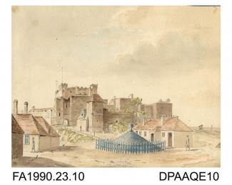 Index number 9: the Devil's Gateway to Dover Castle, painted by Captain Durrant, 1808
album of watercolours/drawings of Kent, Hampshire, Sussex, Isle of Wight, Wiltshire, Essex, Suffolk and Devon, contained within paper boards edged with morocco, the wo