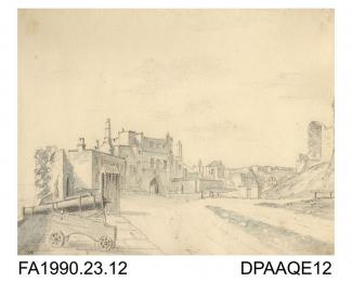 Index number 11: the old entrance gate from the inside of Dover Castle, Dover, Kent, drawn by Captain Durrant, 1808
a field gun mounted on a carriage is depressed to aim at any attack from below
album of watercolours/drawings of Kent, Hampshire, Sussex,